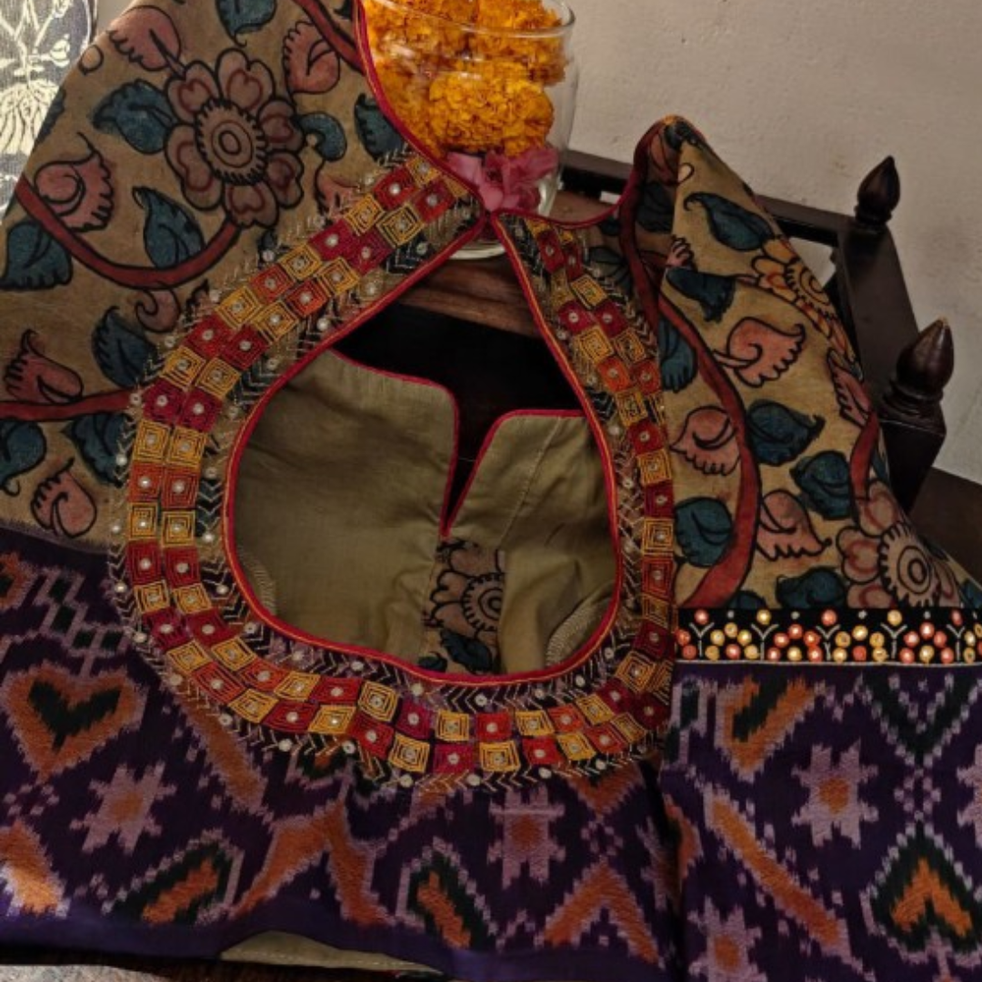 Ochre Handcrafted Handloom Ikkat Silk Blouse