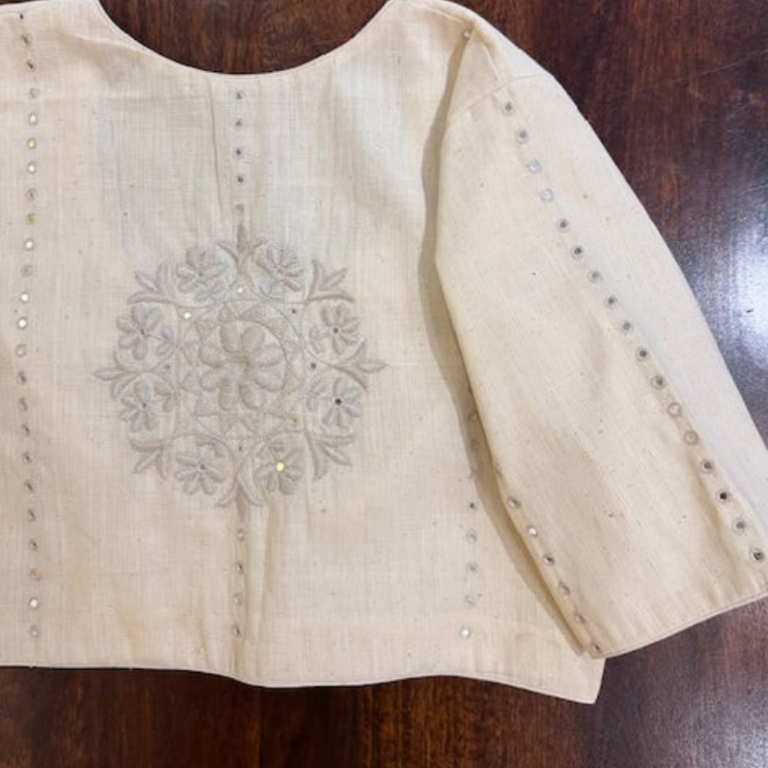 White Handcrafted Handloom Sunflower Embroidered Cotton Blouse