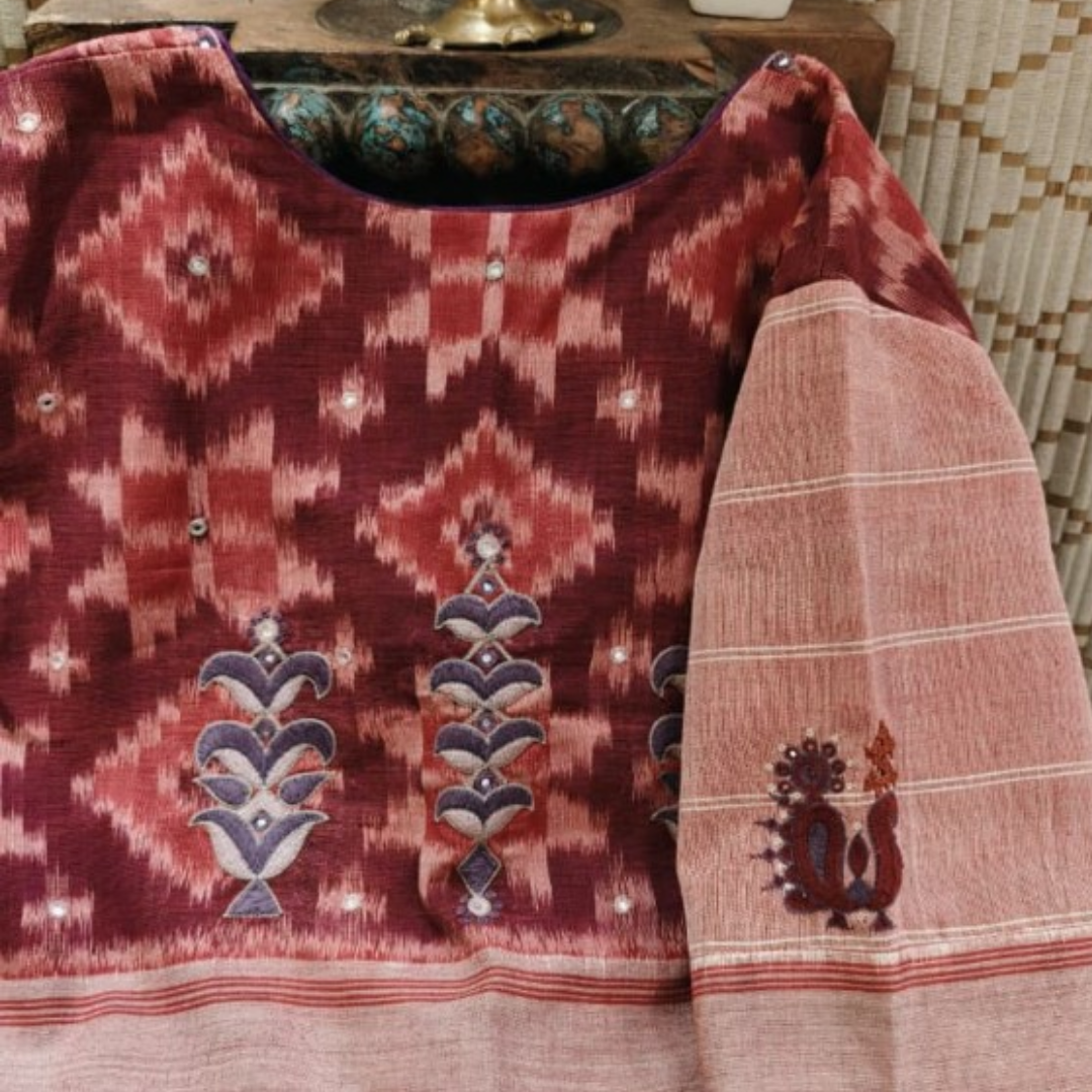 Red Handcrafted Handloom Ikkat Cotton Blouse