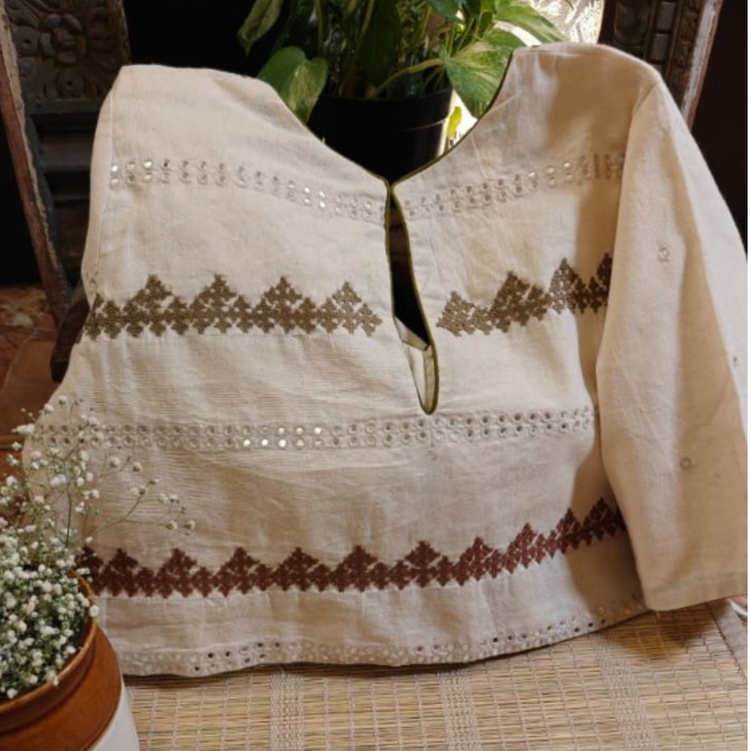 Ivory Handcrafted Handloom Kutchi Work Cotton Blouse