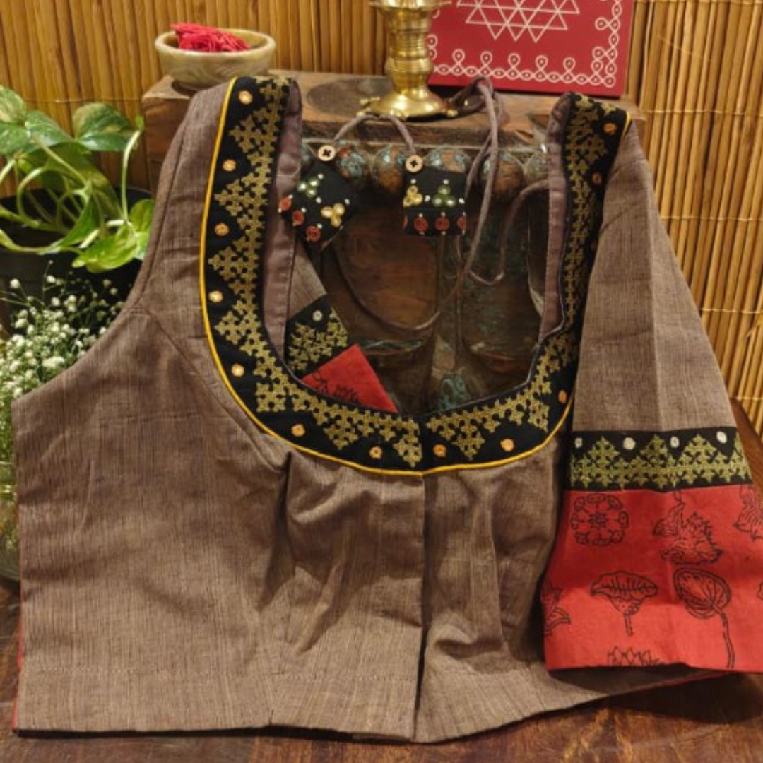 Umber Handcrafted Handloom Kutchi Work Cotton Blouse
