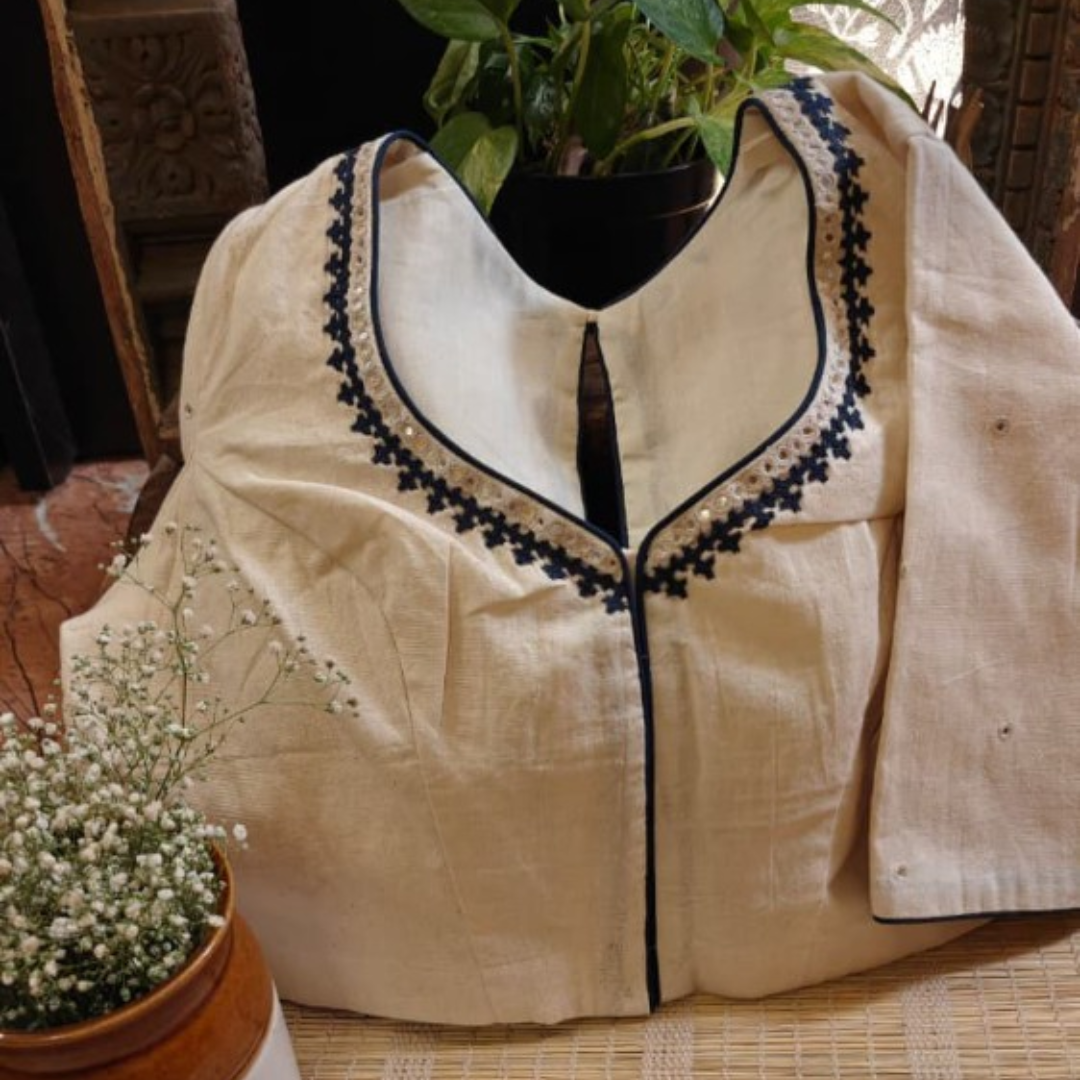 Ivory Handcrafted Handloom Kutchi Work Cotton Blouse