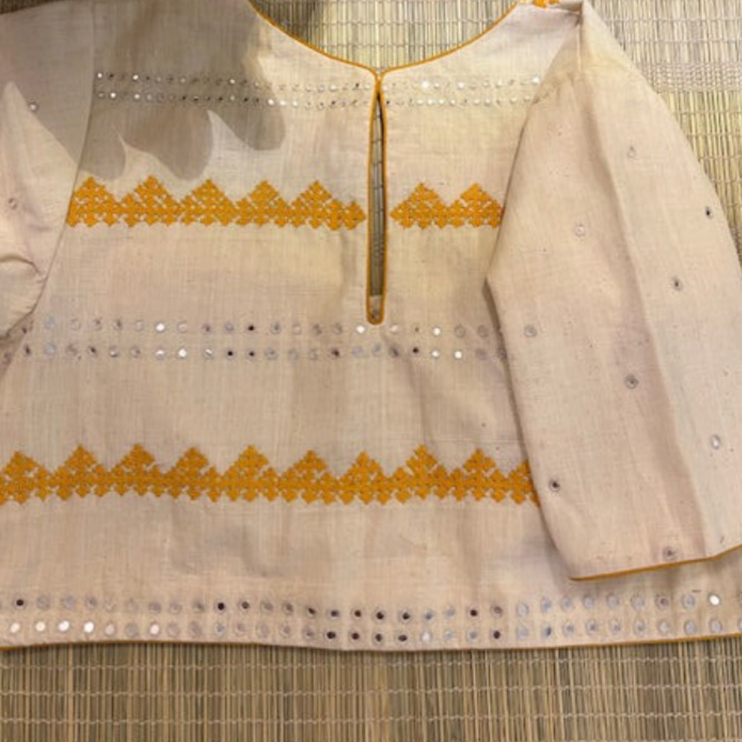 Cream Handcrafted Handloom Kutch Work Cotton Blouse