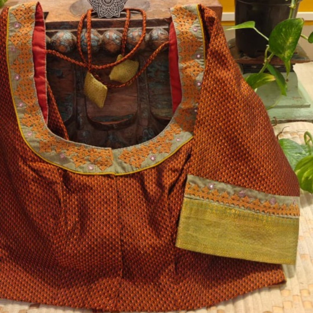Orange Handcrafted Handloom Khun Cotton Blouse