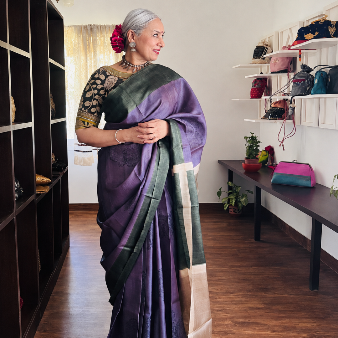 Lilac Haze Handcrafted Handloom Pure Tussar Silk Saree
