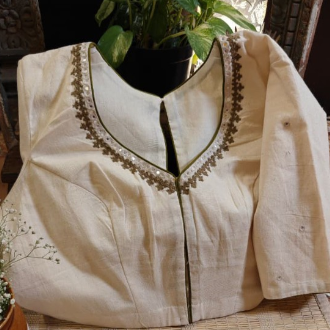 Ivory Handcrafted Handloom Kutchi Work Cotton Blouse