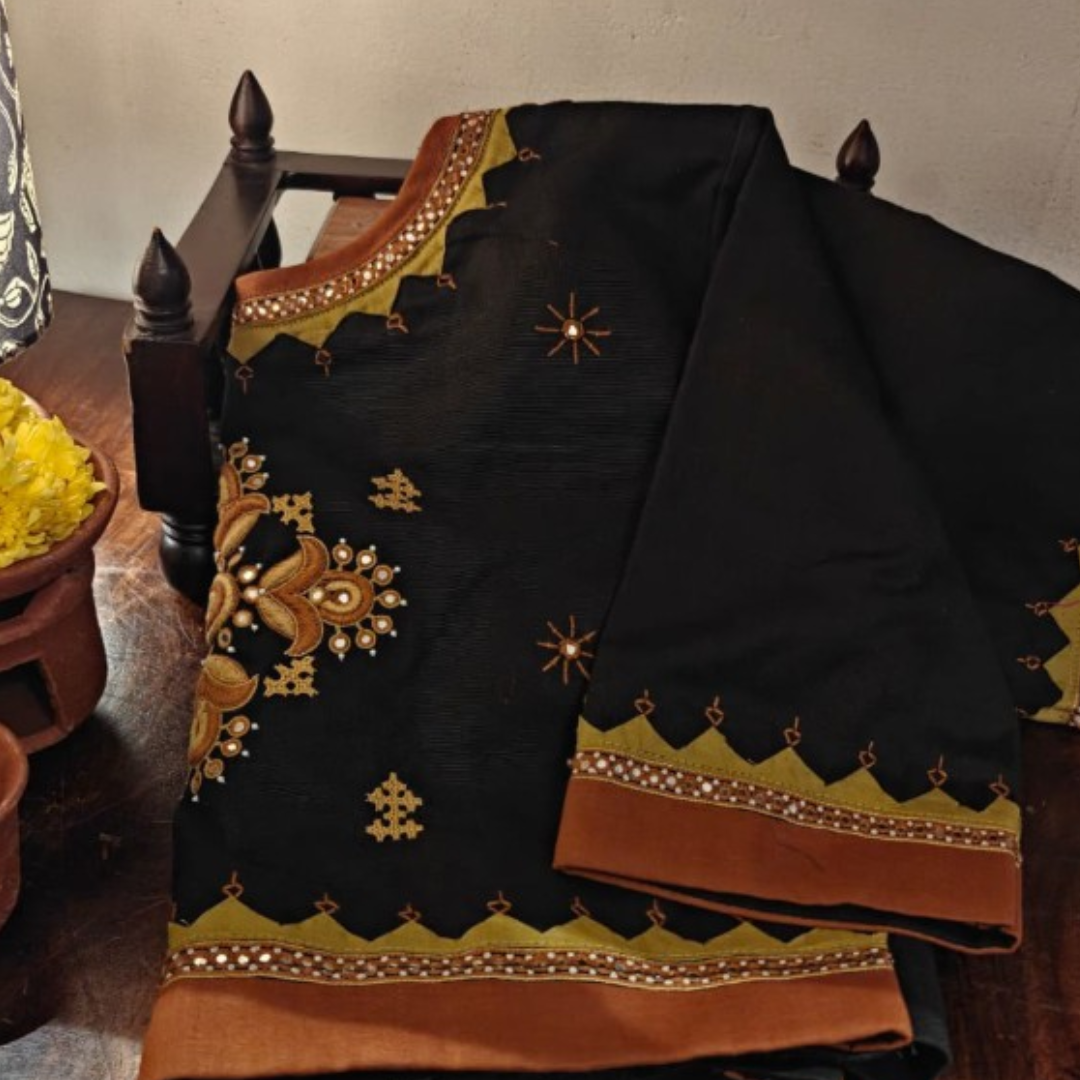 Ochre and Olive Handcrafted Handloom Embroidered Cotton Blouse