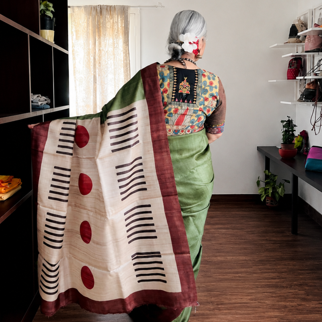 Moss Green Handcrafted Handloom Tussar Silk Saree