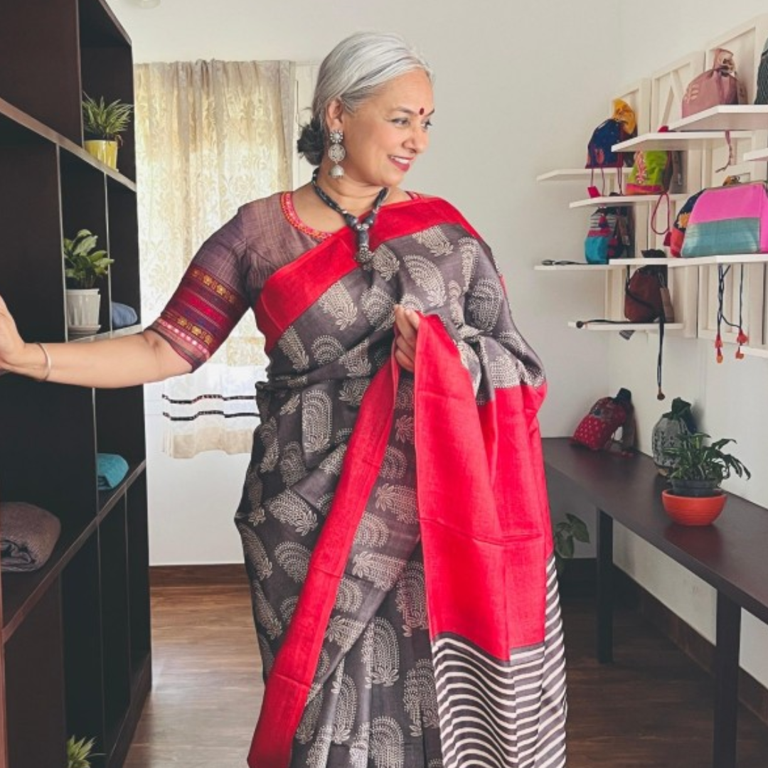 Slate Grey Handcrafted Handloom Pure Tussar Silk Saree