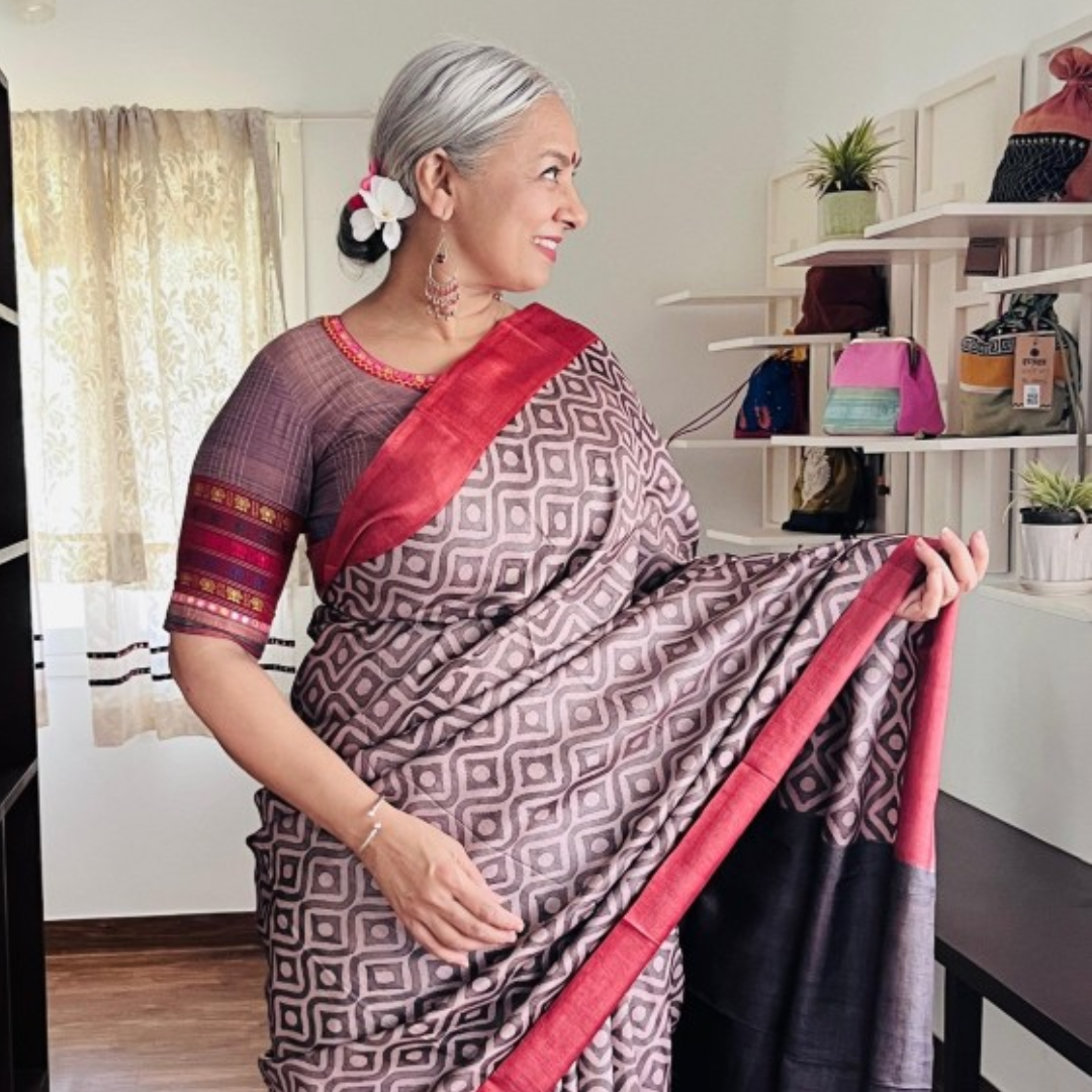 Grey Handcrafted Handloom Pure Tussar Silk Saree