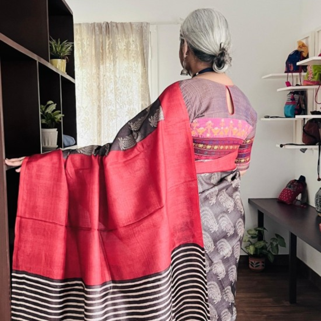 Slate Grey Handcrafted Handloom Pure Tussar Silk Saree