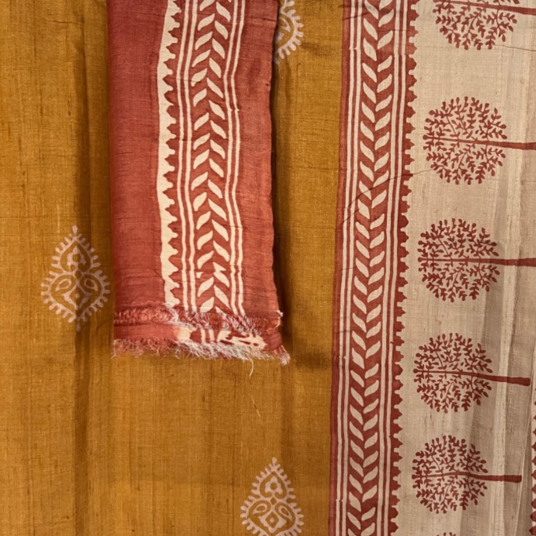 Mustard Handcrafted Handloom Pure Tussar Silk Saree