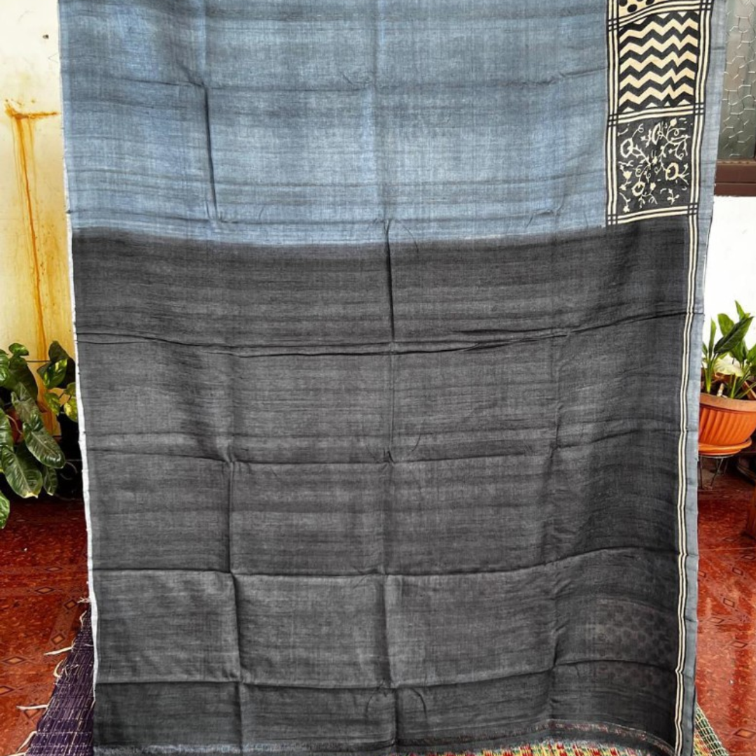 Blue Grey Handcrafted Handloom Pure Tussar Silk Saree