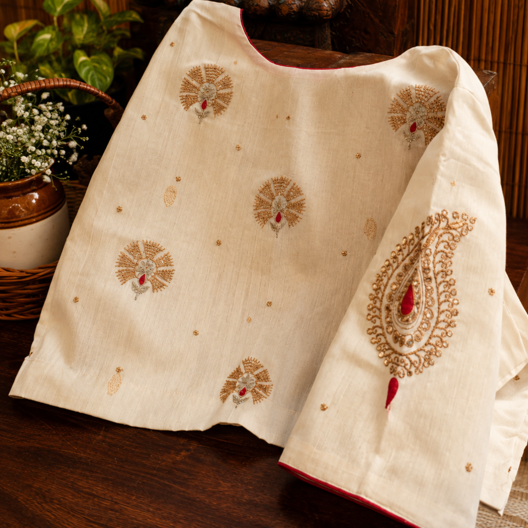 Ivory & Old Gold Handcrafted Handloom Chanderi Silk Blouse