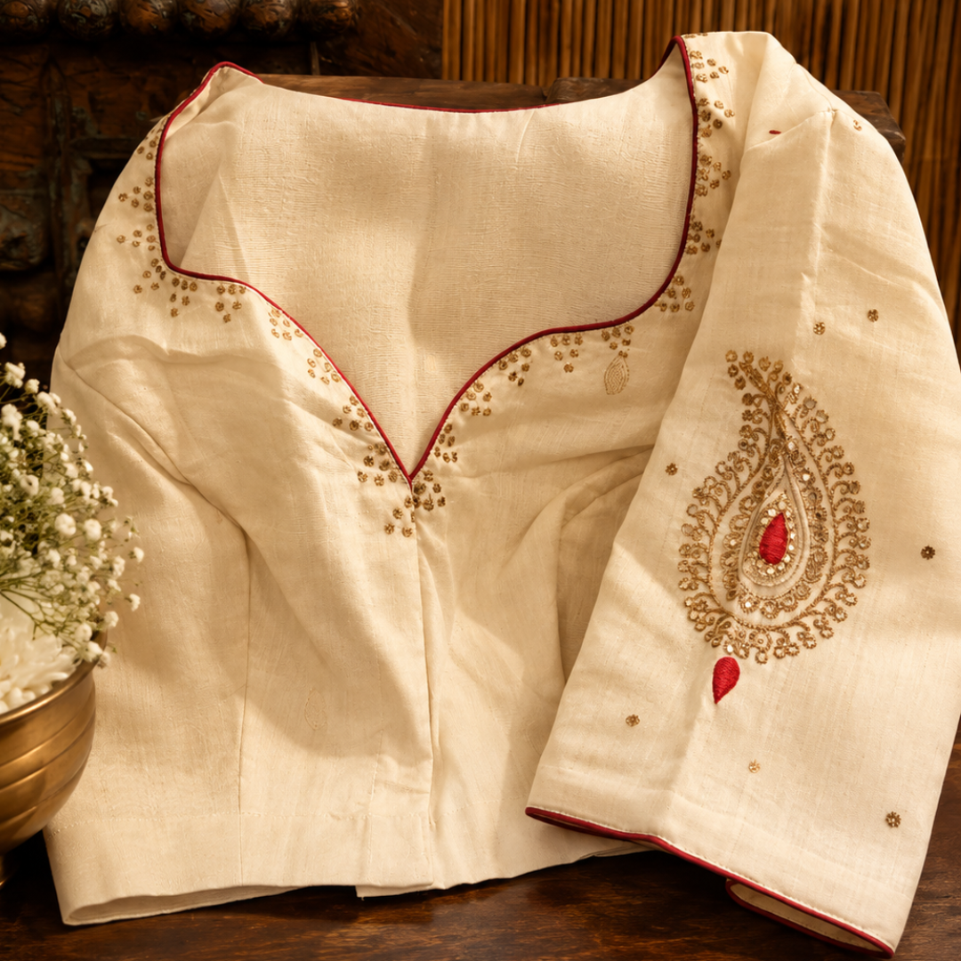 Ivory & Old Gold Handcrafted Handloom Chanderi Silk Blouse