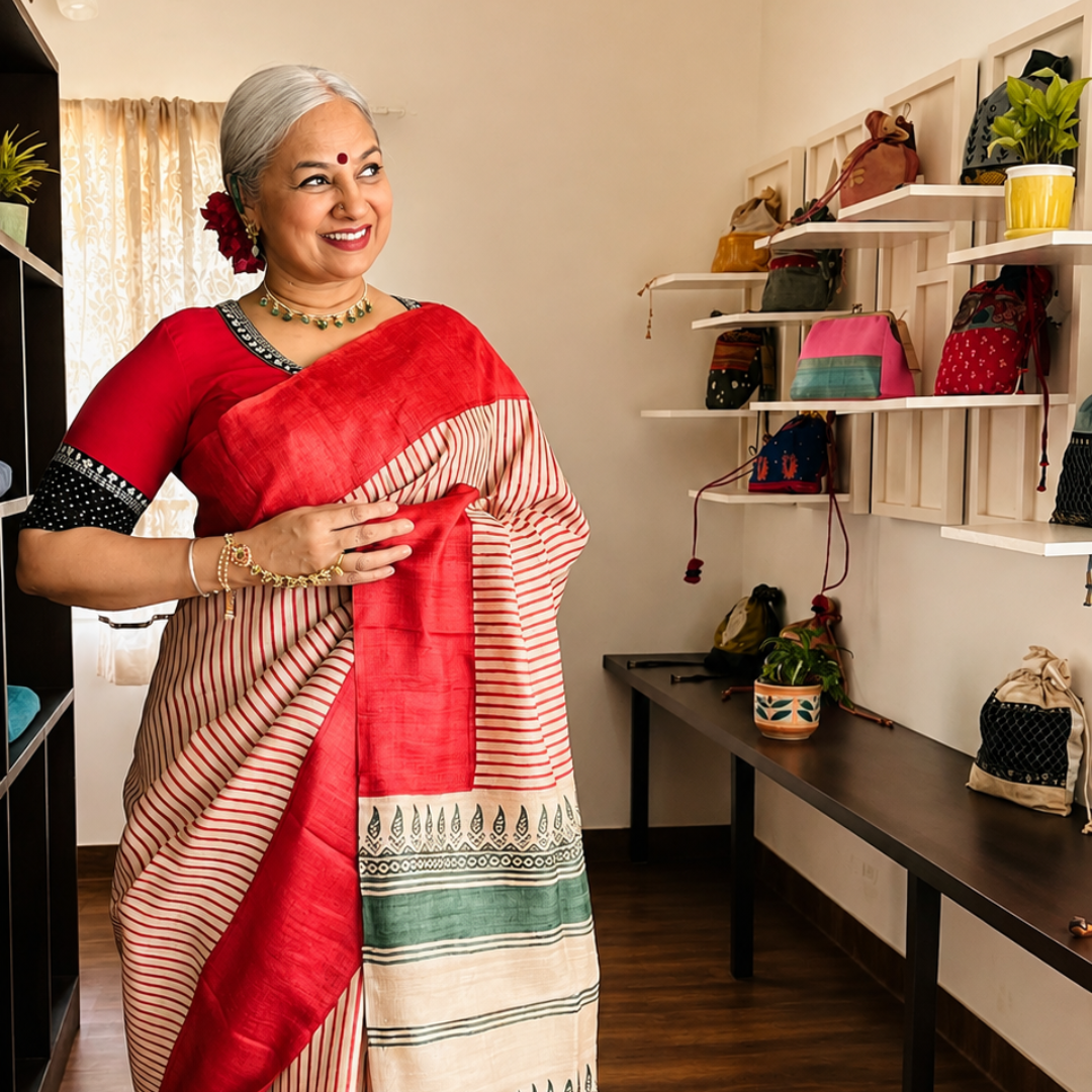 Chilli Red & Green Handcrafted Handloom Pure Tussar Silk Saree