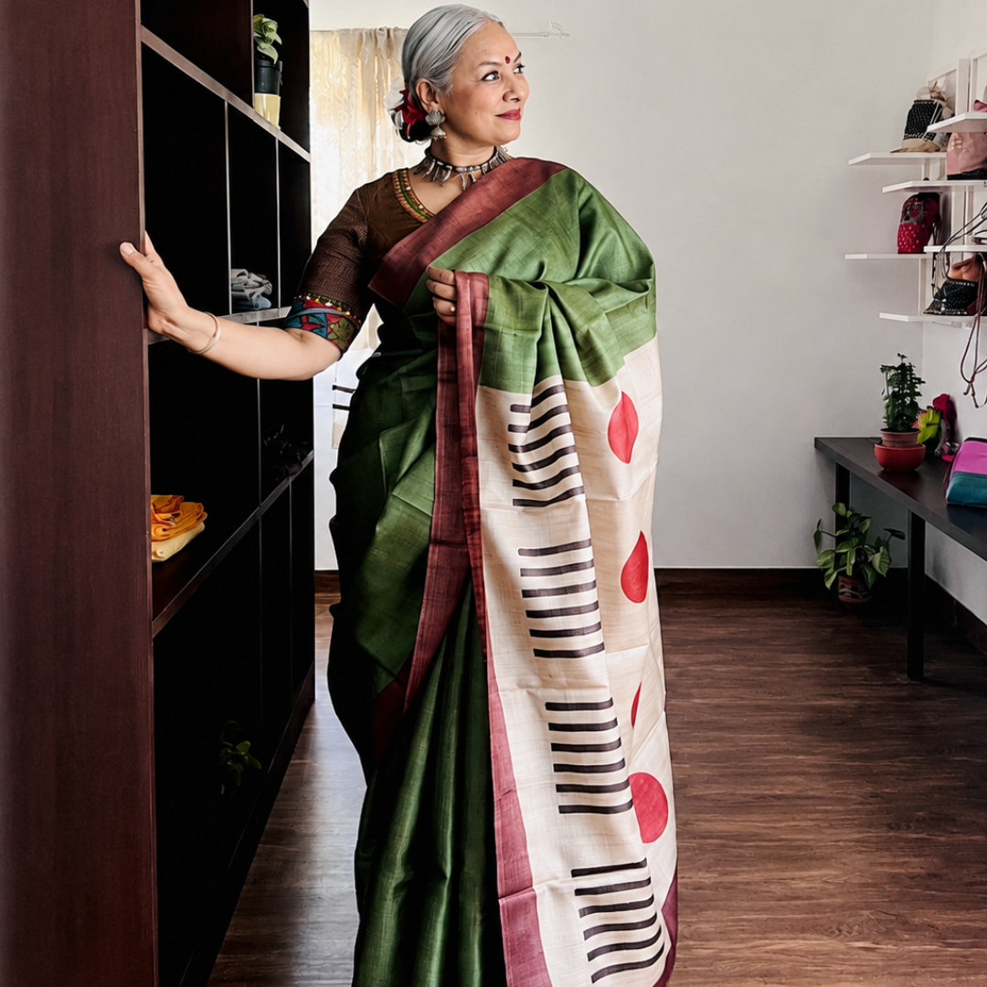 Moss Green Handcrafted Handloom Tussar Silk Saree