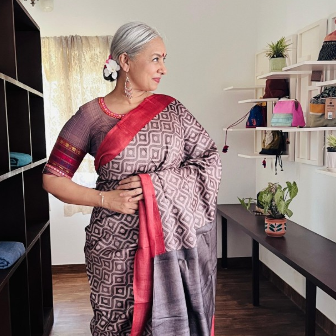 Grey Handcrafted Handloom Pure Tussar Silk Saree