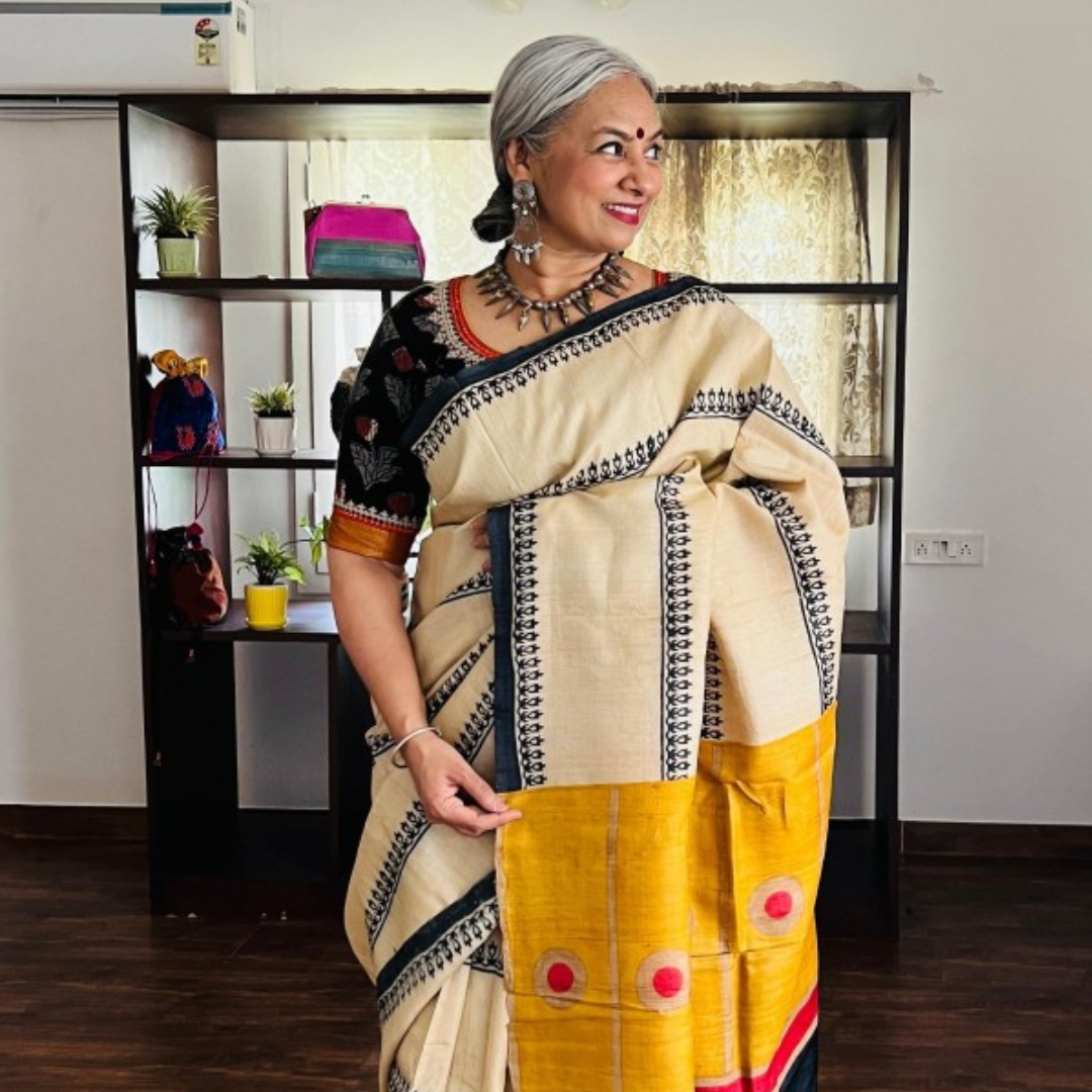 Ivory and Yellow Handcrafted Handloom Pure Tussar Silk Saree