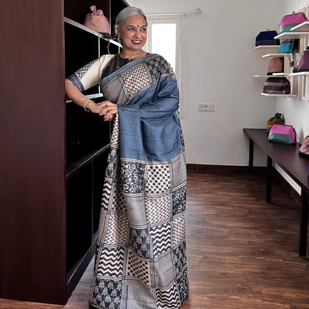 Blue Grey Handcrafted Handloom Pure Tussar Silk Saree
