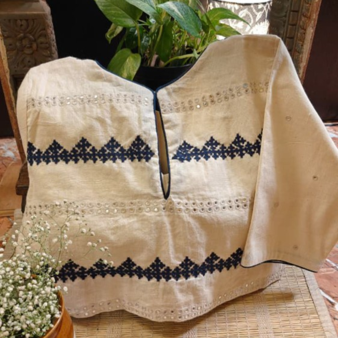 Ivory Handcrafted Handloom Kutchi Work Cotton  Blouse