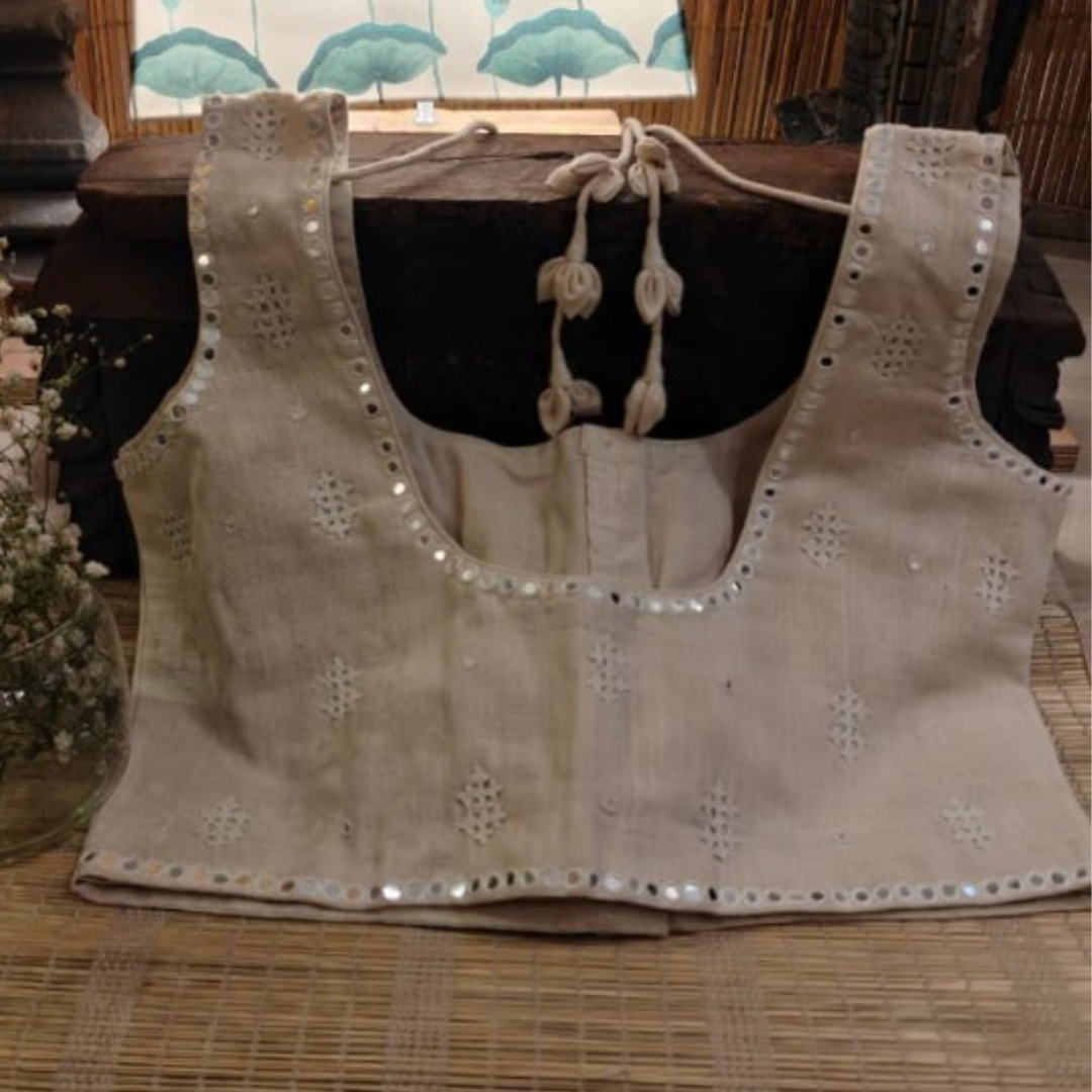Ivory Handcrafted Handloom Kutchi Work Cotton Blouse