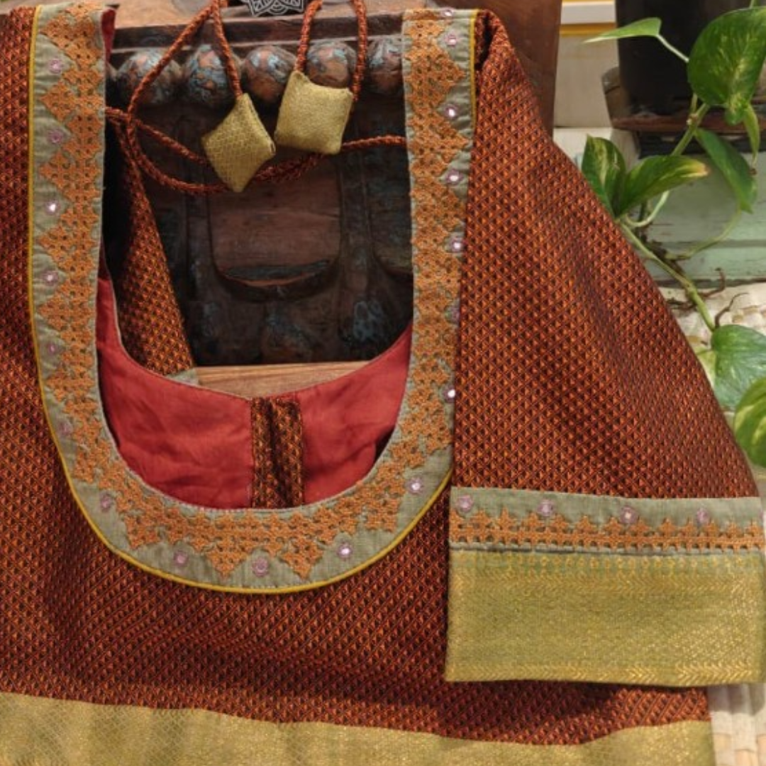 Orange Handcrafted Handloom Khun Cotton Blouse