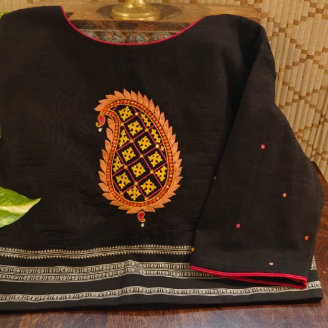 Black Handcrafted Handloom Kutchi Embroidery Cotton Blouse
