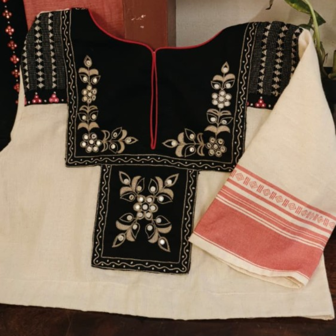 Ivory & Red Handcrafted Handloom Anne Hejje Cotton Blouse