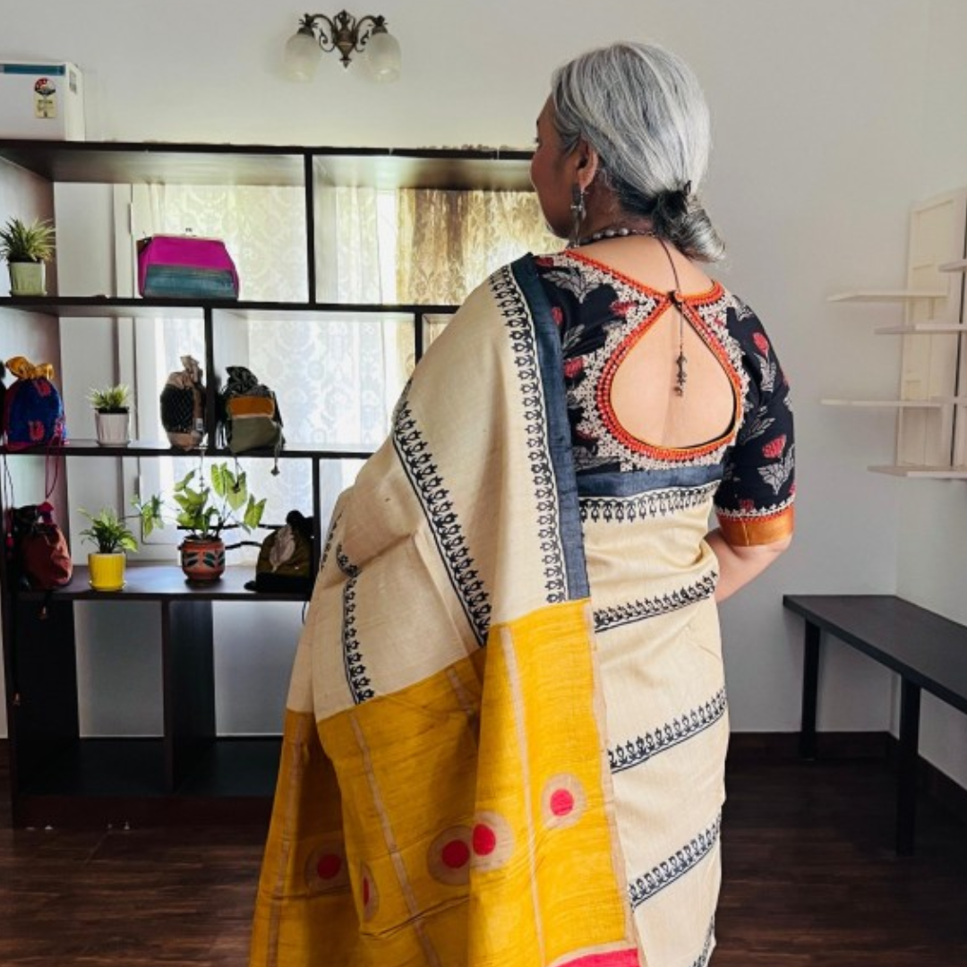 Ivory and Yellow Handcrafted Handloom Pure Tussar Silk Saree