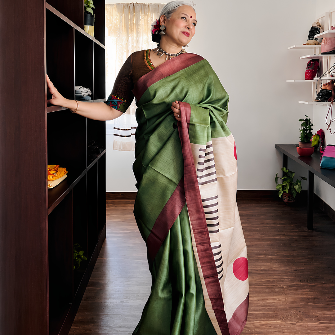 Moss Green Handcrafted Handloom Tussar Silk Saree