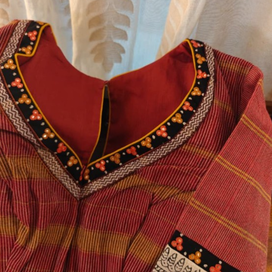 Chestnut Handcrafted Handloom Gomi Check Cotton Blouse