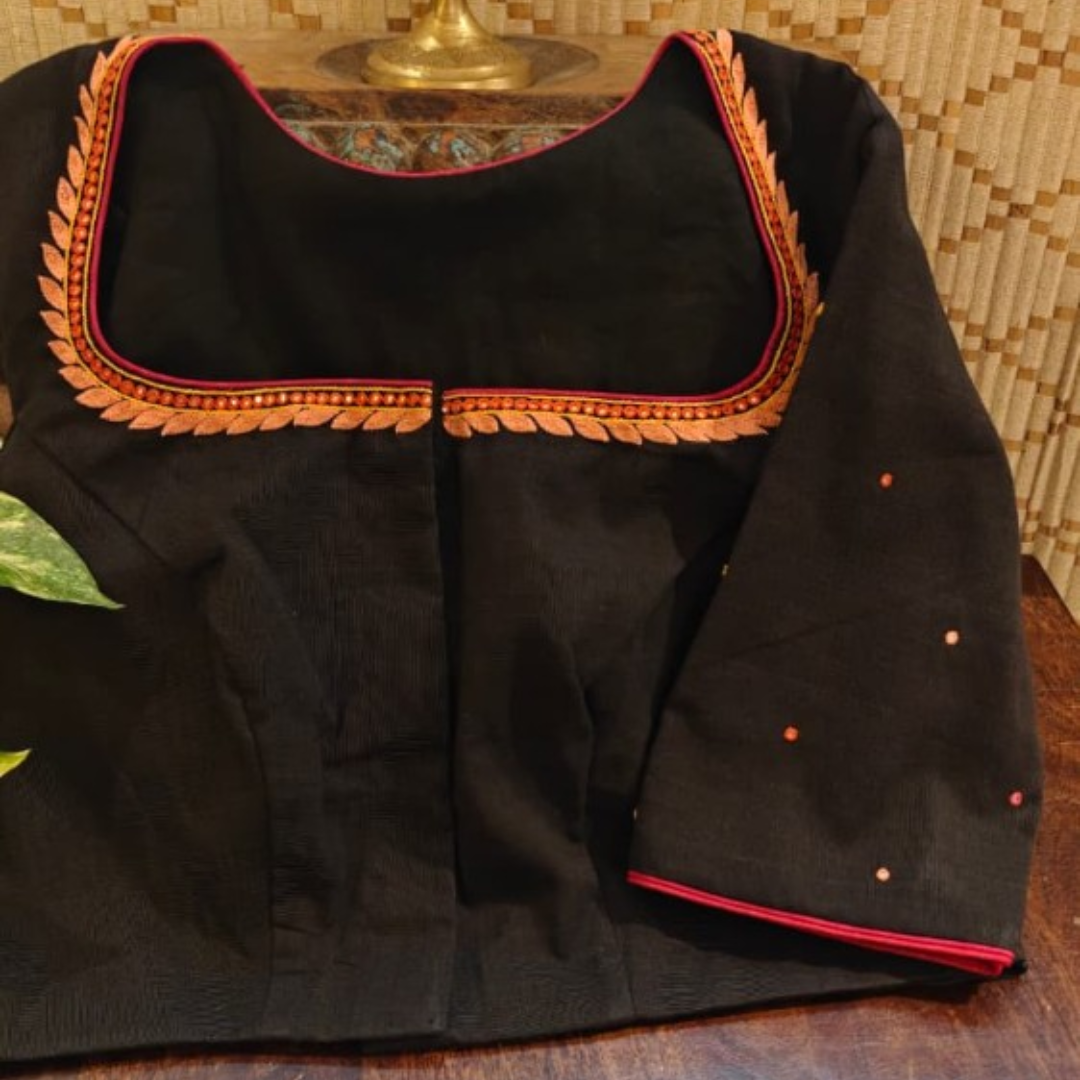 Black Handcrafted Handloom Kutchi Embroidery Cotton Blouse