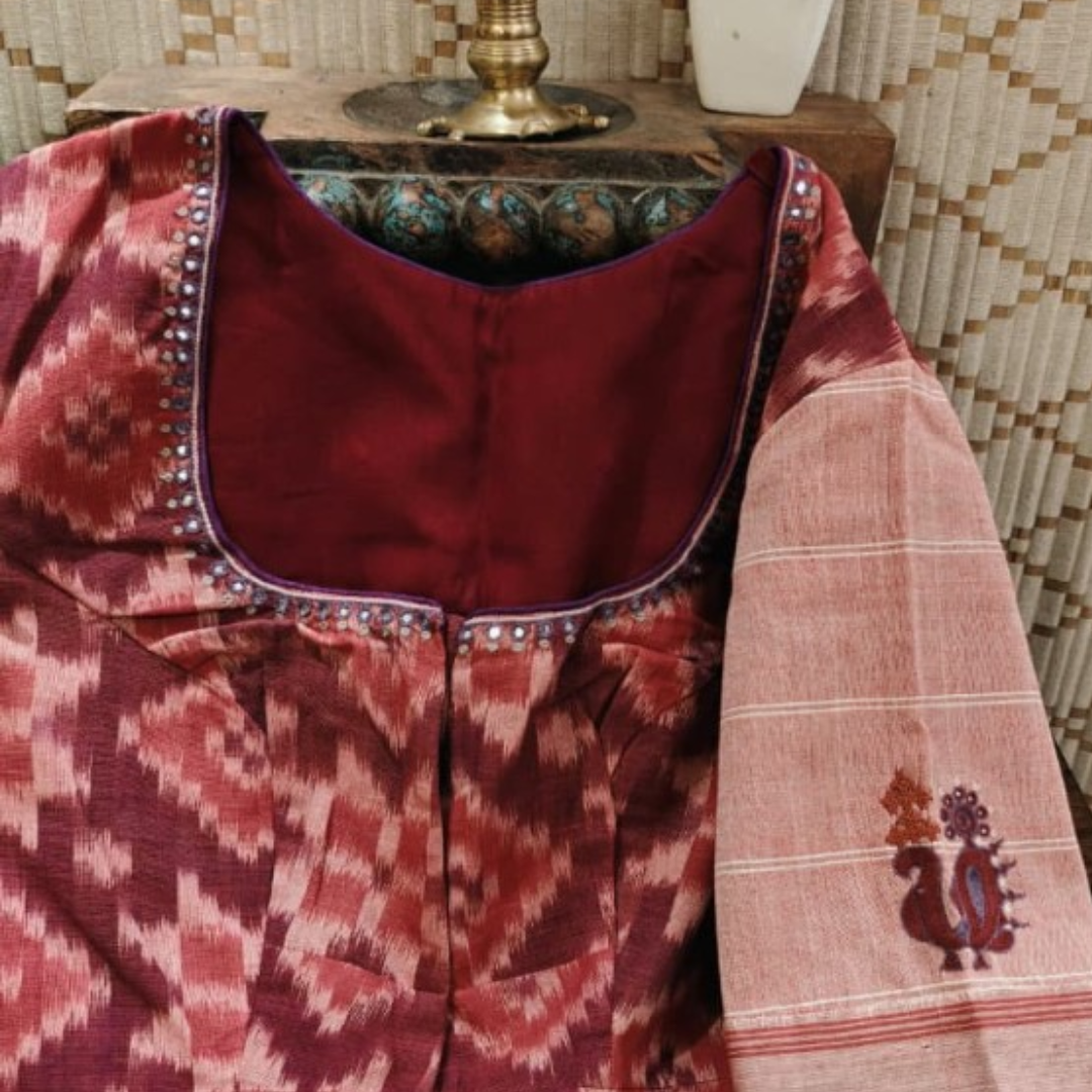 Red Handcrafted Handloom Ikkat Cotton Blouse