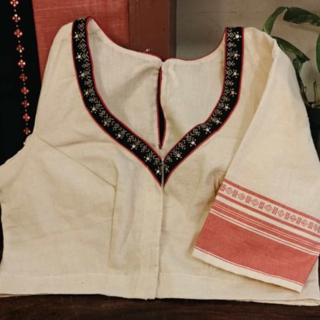 Ivory & Red Handcrafted Handloom Anne Hejje Cotton Blouse