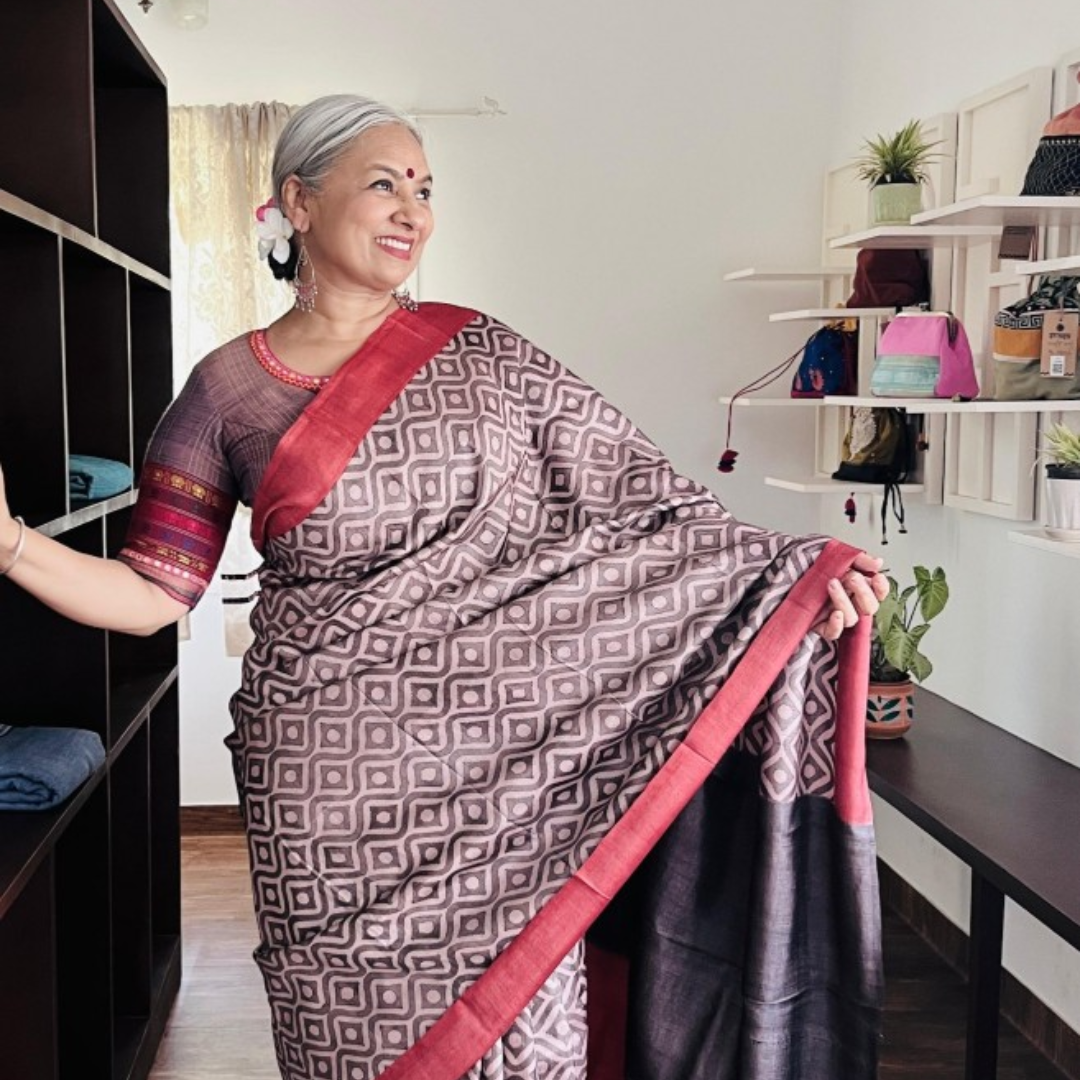 Grey Handcrafted Handloom Pure Tussar Silk Saree