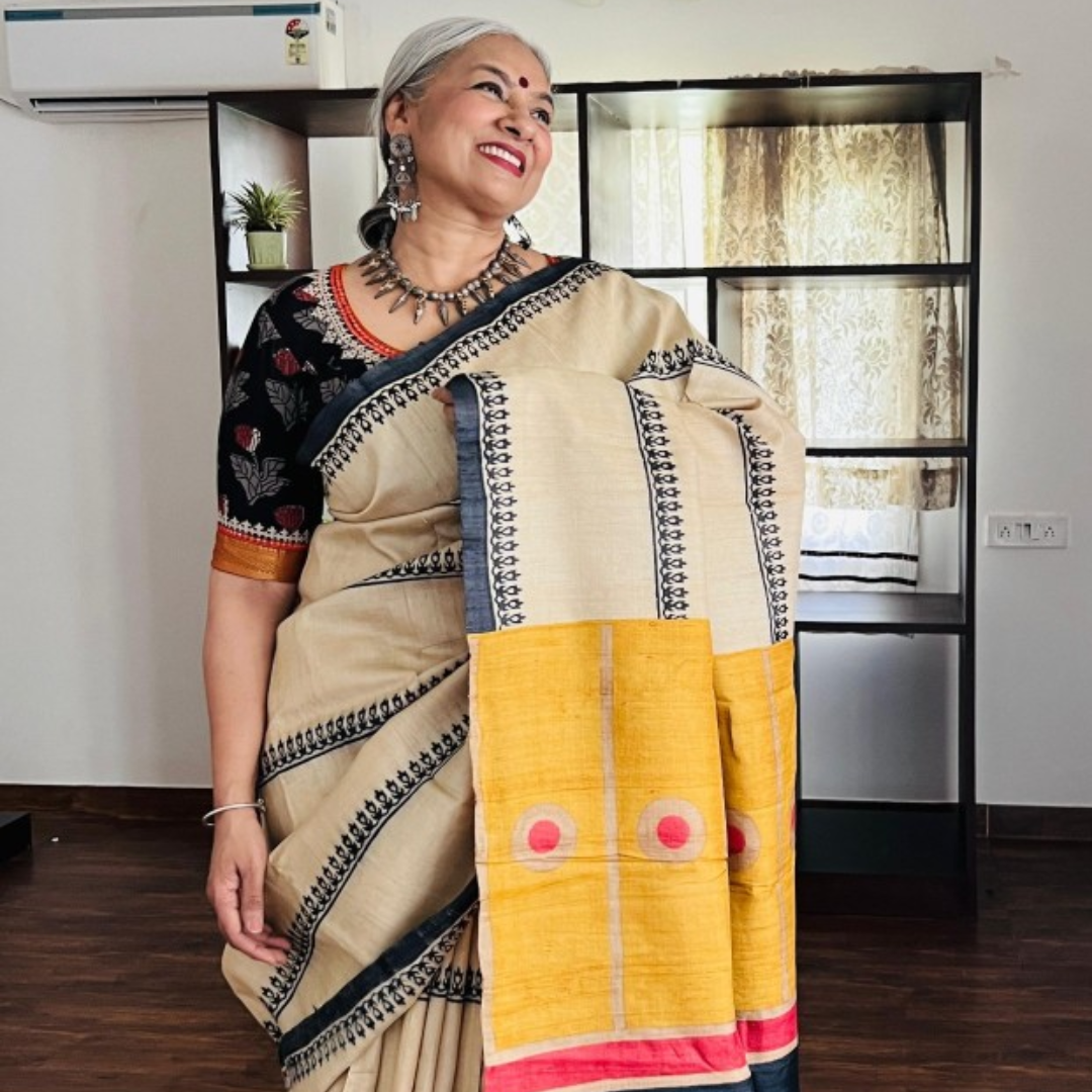 Ivory and Yellow Handcrafted Handloom Pure Tussar Silk Saree