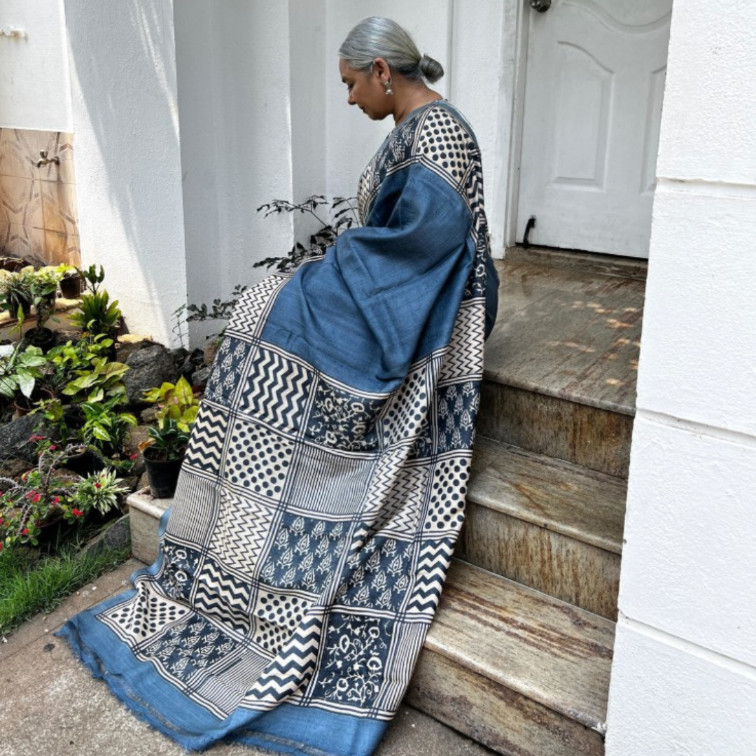 Blue Grey Handcrafted Handloom Pure Tussar Silk Saree
