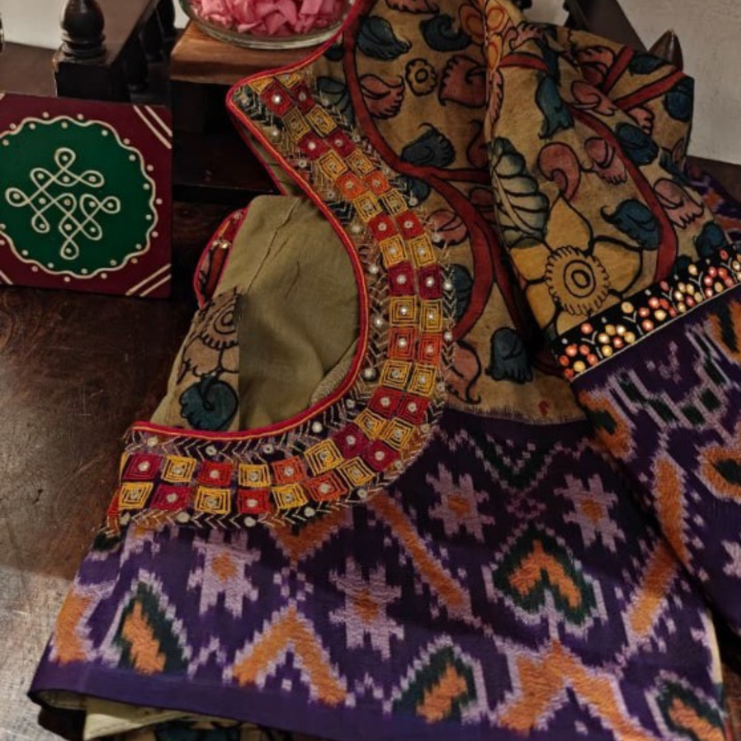 Ochre Handcrafted Handloom Ikkat Silk Blouse