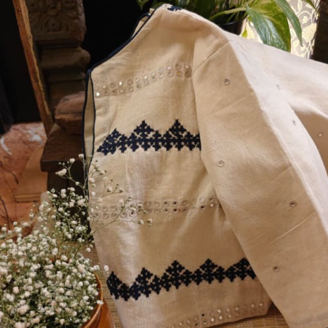 Ivory Handcrafted Handloom Kutchi Work Cotton  Blouse
