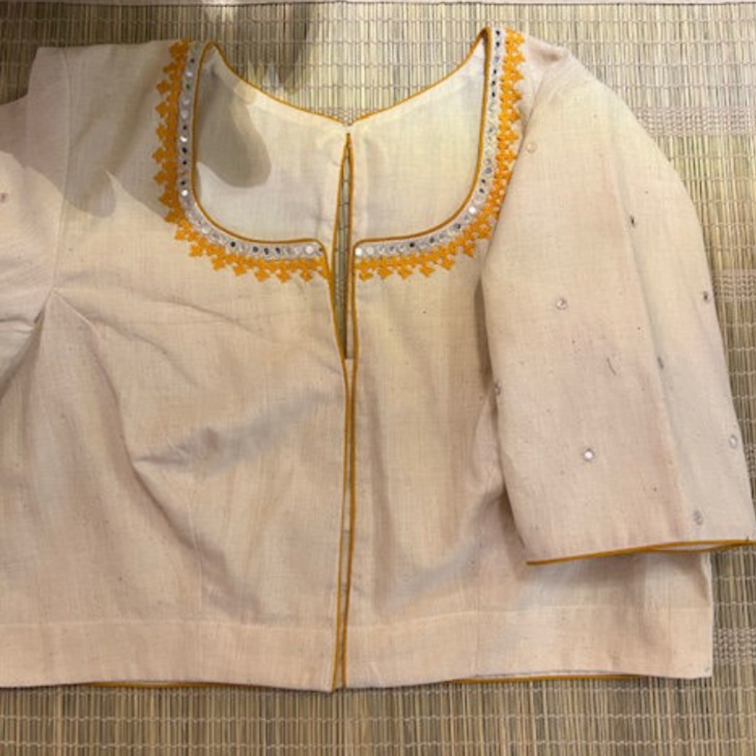 Cream Handcrafted Handloom Kutch Work Cotton Blouse