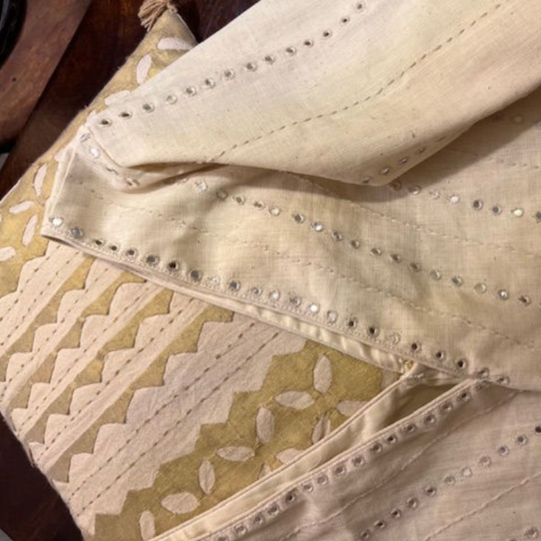 White Handcrafted Handloom Mirror Work Cotton Blouse