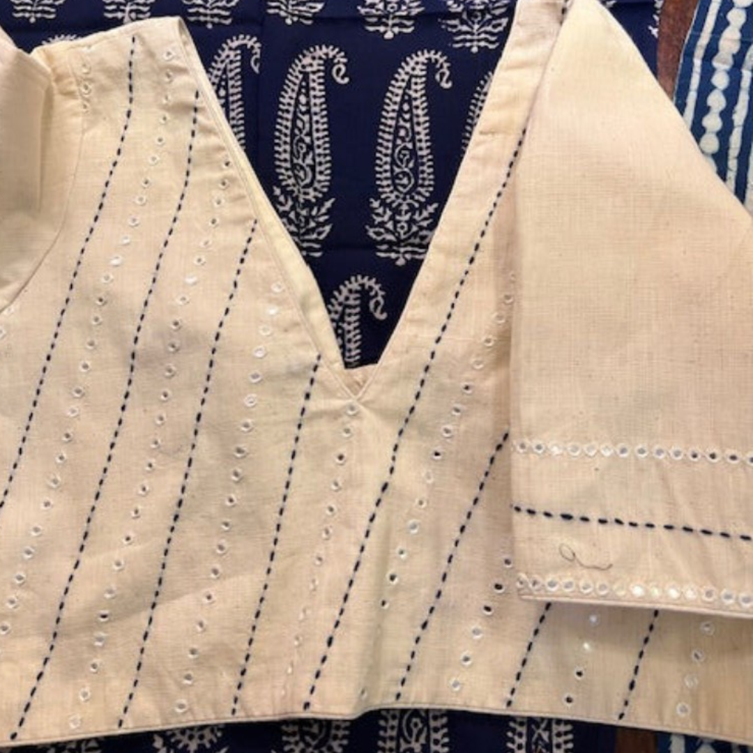 Porcelain Handcrafted Handloom Mirror Work Cotton Blouse