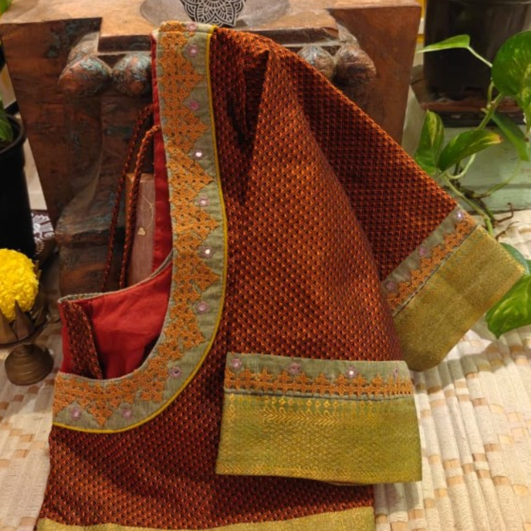 Orange Handcrafted Handloom Khun Cotton Blouse
