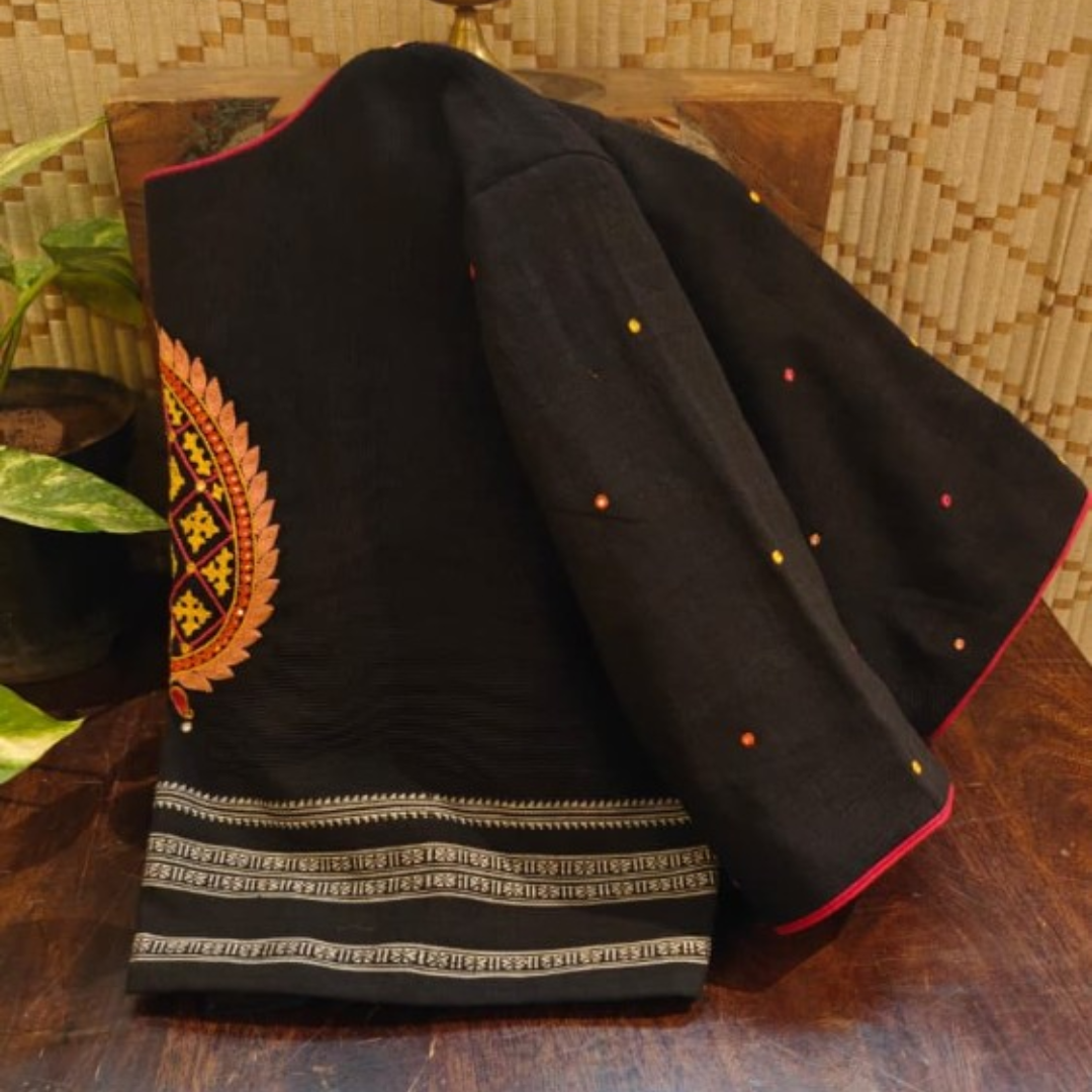 Black Handcrafted Handloom Kutchi Embroidery Cotton Blouse