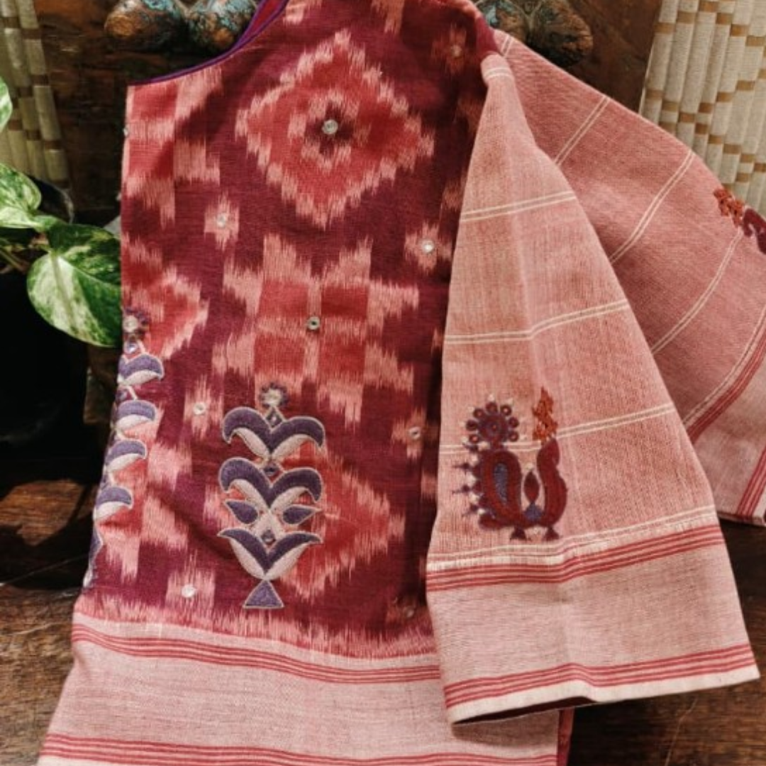 Red Handcrafted Handloom Ikkat Cotton Blouse