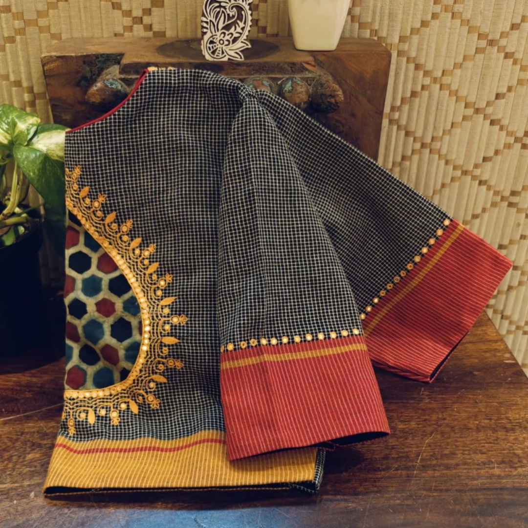 Black Handcrafted Handloom Ajrakh Cotton Blouse