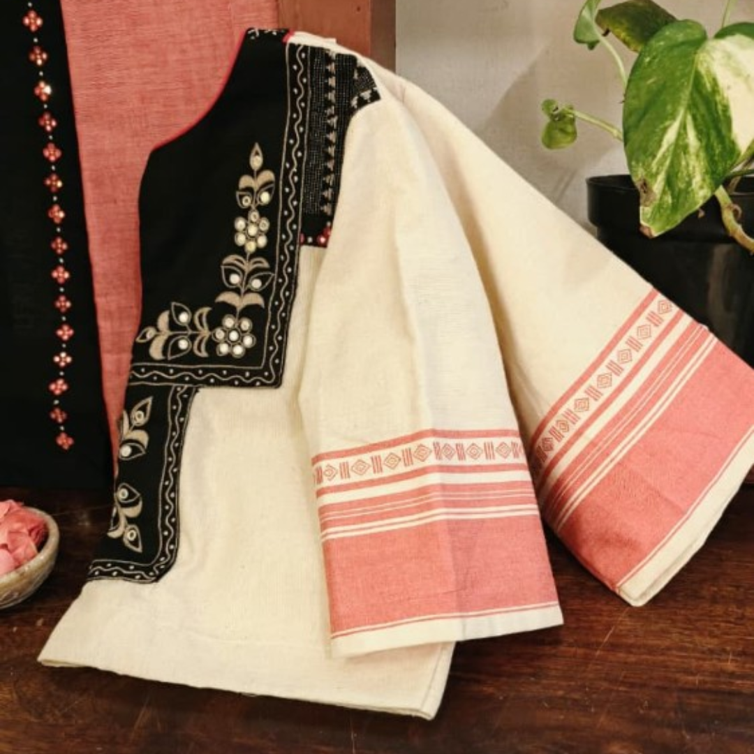 Ivory & Red Handcrafted Handloom Anne Hejje Cotton Blouse
