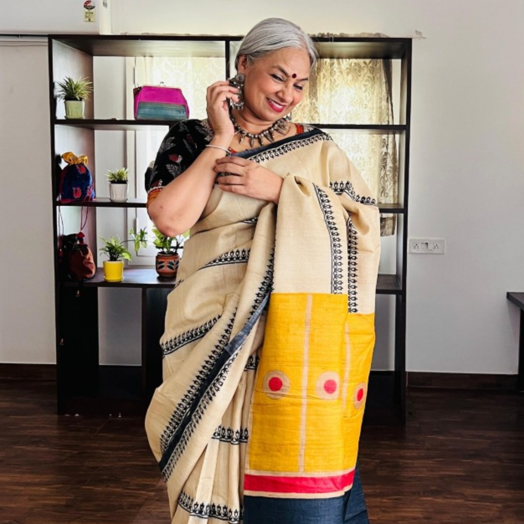 Ivory and Yellow Handcrafted Handloom Pure Tussar Silk Saree