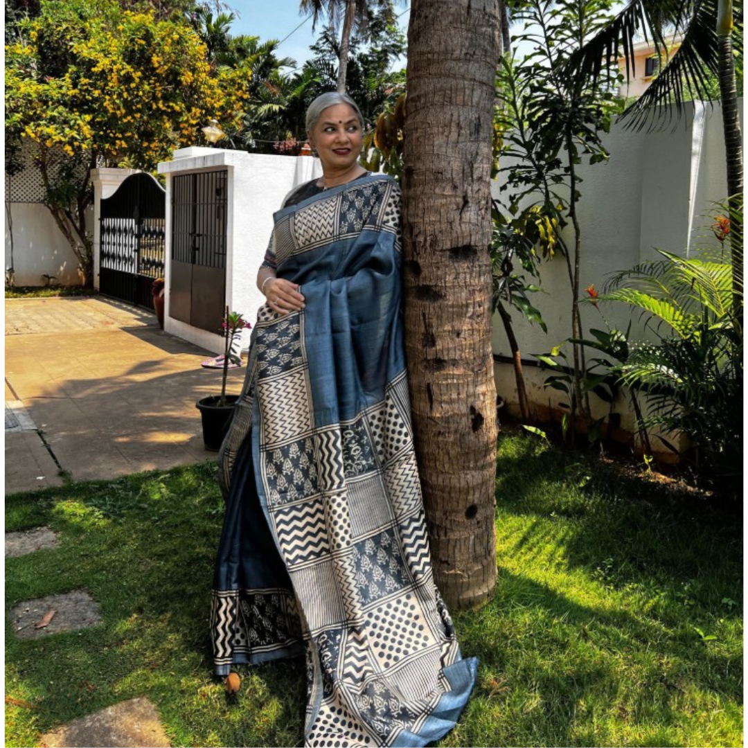 Blue Grey Handcrafted Handloom Pure Tussar Silk Saree
